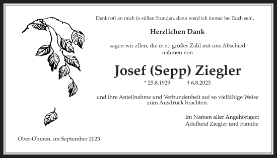 Traueranzeige von Josef Ziegler von Alsfelder Allgemeine, Mücker Stimme, Mücker Stimme
