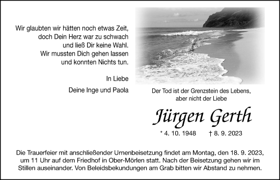 Traueranzeige von Jürgen Gerth von Wetterauer Zeitung