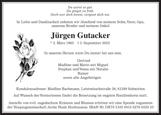 Traueranzeige von Jürgen Gutacker von Usinger Anzeiger