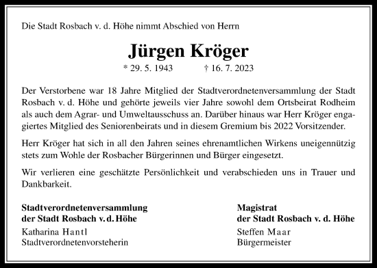 Traueranzeige von Jürgen Kröger von Wetterauer Zeitung