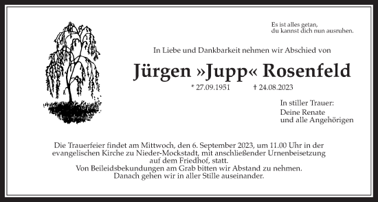 Traueranzeige von Jürgen Rosenfeld von Wetterauer Zeitung, Kreis-Anzeiger