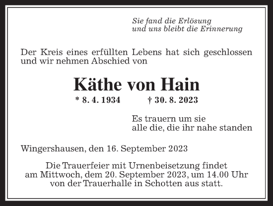 Traueranzeige von Käthe von Hain von Kreis-Anzeiger