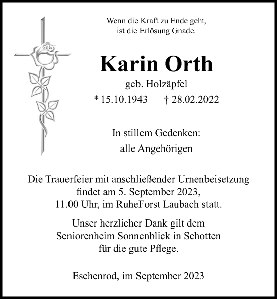 Traueranzeige von Karin Orth von Kreis-Anzeiger