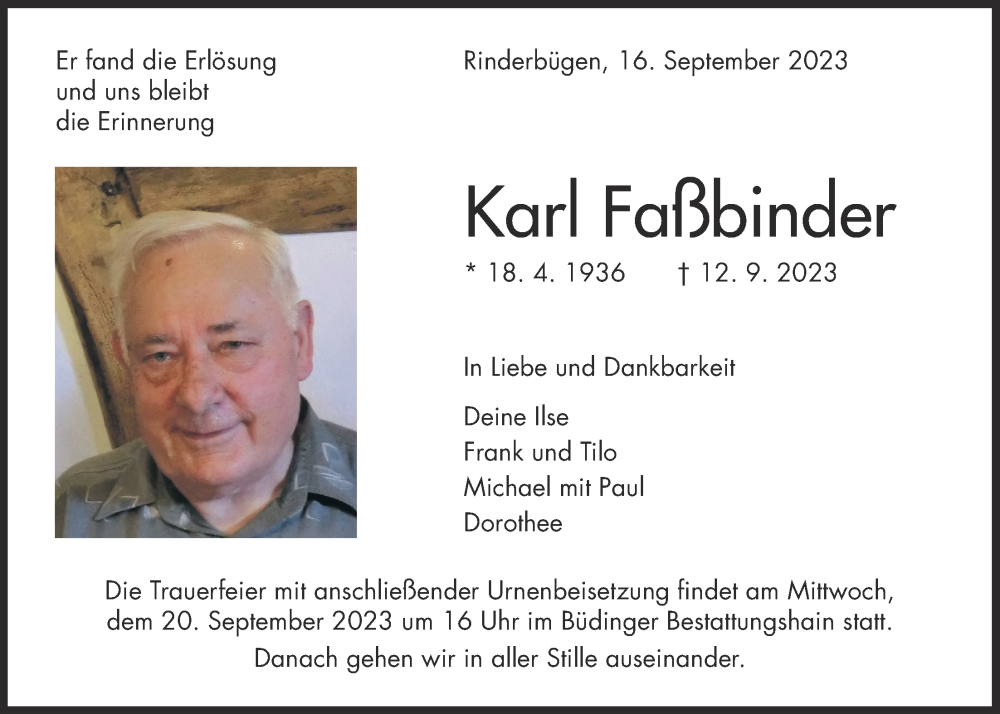  Traueranzeige für Karl Faßbinder vom 16.09.2023 aus Kreis-Anzeiger