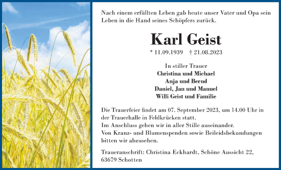 Traueranzeige von Karl Geist von Kreis-Anzeiger