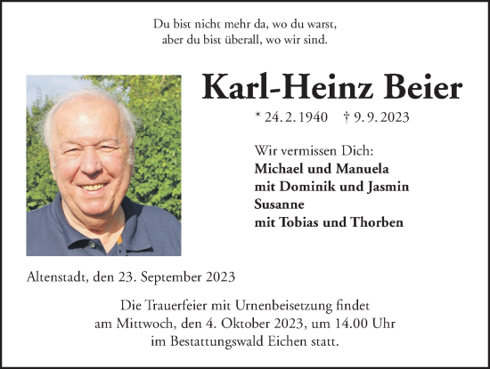 Traueranzeige von Karl-Heinz Beier von Kreis-Anzeiger