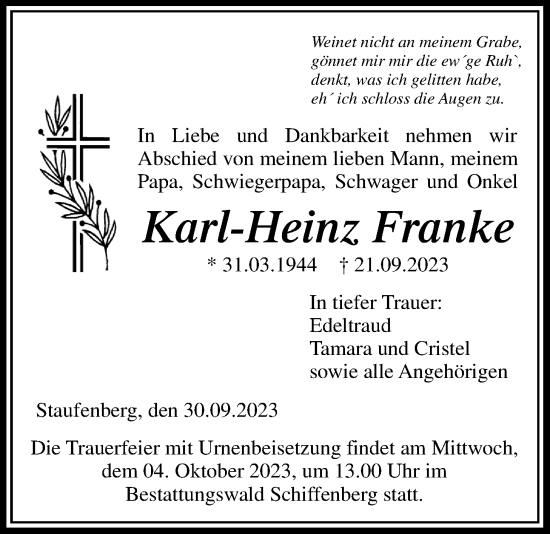 Traueranzeige von Karl-Heinz Franke von Giessener Allgemeine, Alsfelder Allgemeine