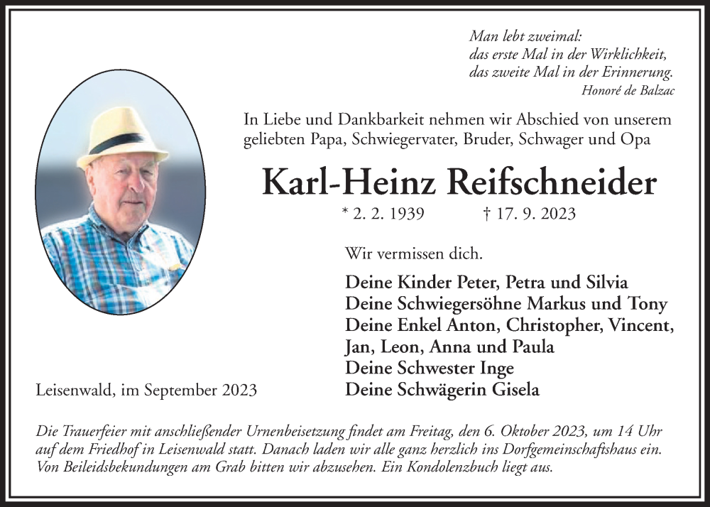  Traueranzeige für Karl-Heinz Reifschneider vom 30.09.2023 aus Kreis-Anzeiger