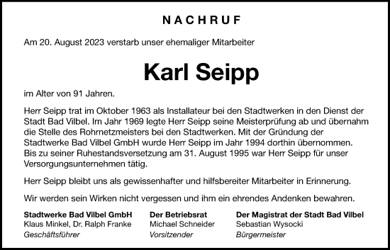 Traueranzeige von Karl Seipp von Bad Vilbel/Karben