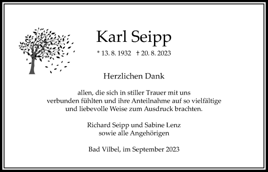 Traueranzeige von Karl Seipp von Bad Vilbel/Karben
