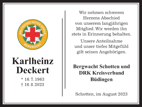 Traueranzeige von Karlheinz Deckert von Kreis-Anzeiger