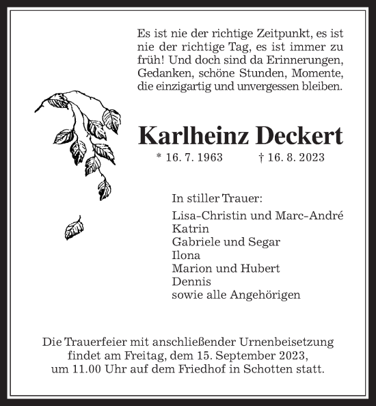 Traueranzeige von Karlheinz Deckert von Kreis-Anzeiger