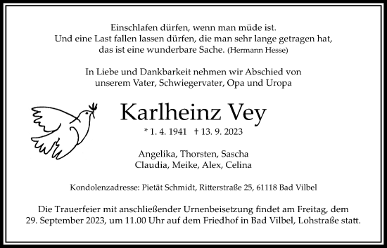 Traueranzeige von Karlheinz Vey von Bad Vilbel/Karben