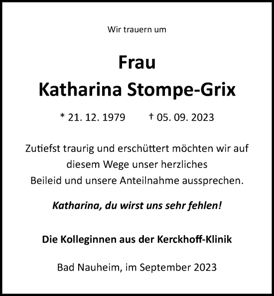 Traueranzeige von Katharina Stompe-Grix von Wetterauer Zeitung