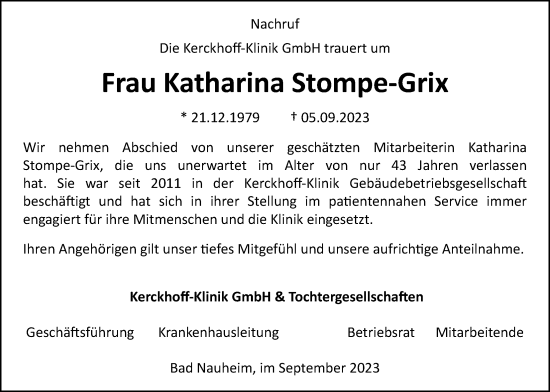 Traueranzeige von Katharina Stompe-Grix von Wetterauer Zeitung