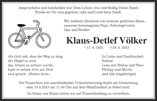 Traueranzeige von Klaus-Detlef Völker von Wetterauer Zeitung