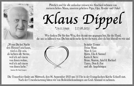 Traueranzeige von Klaus Dippel von Wetterauer Zeitung