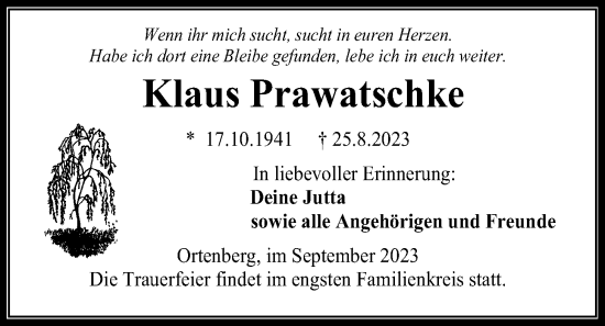 Traueranzeige von Klaus Prawatschke von Kreis-Anzeiger