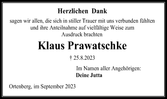 Traueranzeige von Klaus Prawatschke von Kreis-Anzeiger