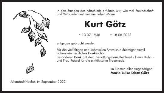Traueranzeige von Kurt Götz von Kreis-Anzeiger