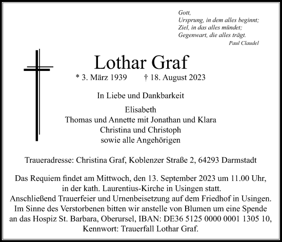 Traueranzeige von Lothar Graf von Usinger Anzeiger