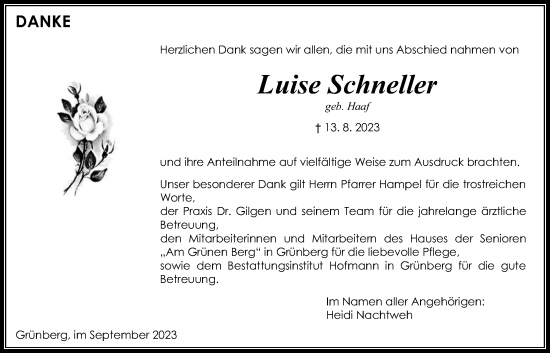 Traueranzeige von Luise Schneller von Giessener Allgemeine, Alsfelder Allgemeine