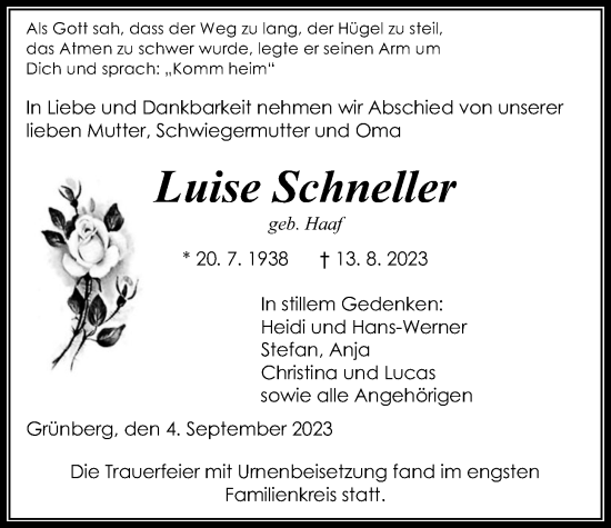 Traueranzeige von Luise Schneller von Giessener Allgemeine, Alsfelder Allgemeine