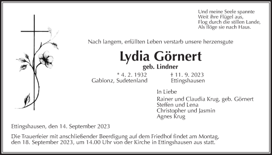 Traueranzeige von Lydia Görnert von Giessener Allgemeine, Alsfelder Allgemeine, Giessener Anzeiger