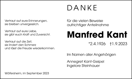 Traueranzeige von Manfred Kant von Wetterauer Zeitung