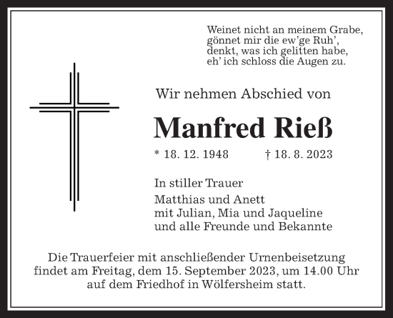 Traueranzeige von Manfred Rieß von Wetterauer Zeitung
