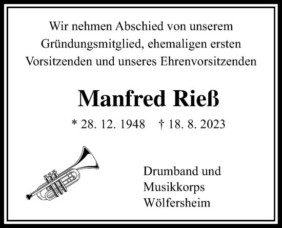 Traueranzeige von Manfred Rieß von Wetterauer Zeitung