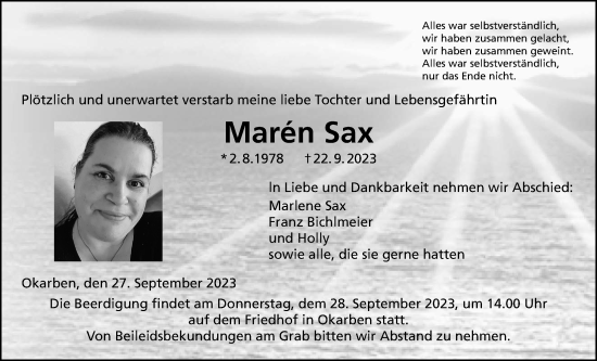 Traueranzeige von Maren Sax von Wetterauer Zeitung, Bad Vilbel/Karben