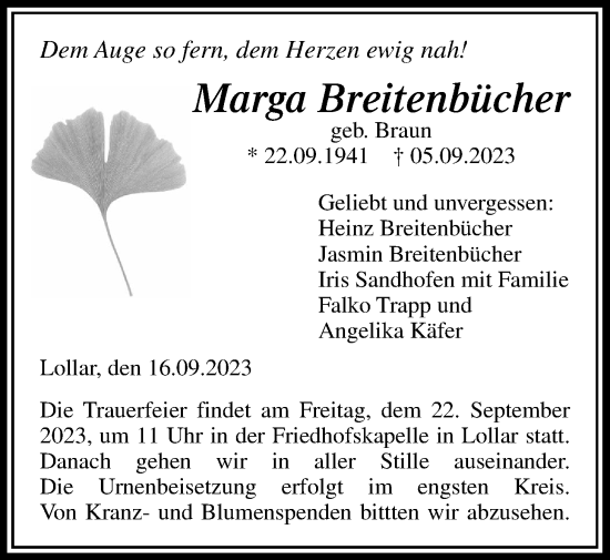 Traueranzeige von Marga Breitenbücher von Giessener Allgemeine, Alsfelder Allgemeine, Giessener Anzeiger