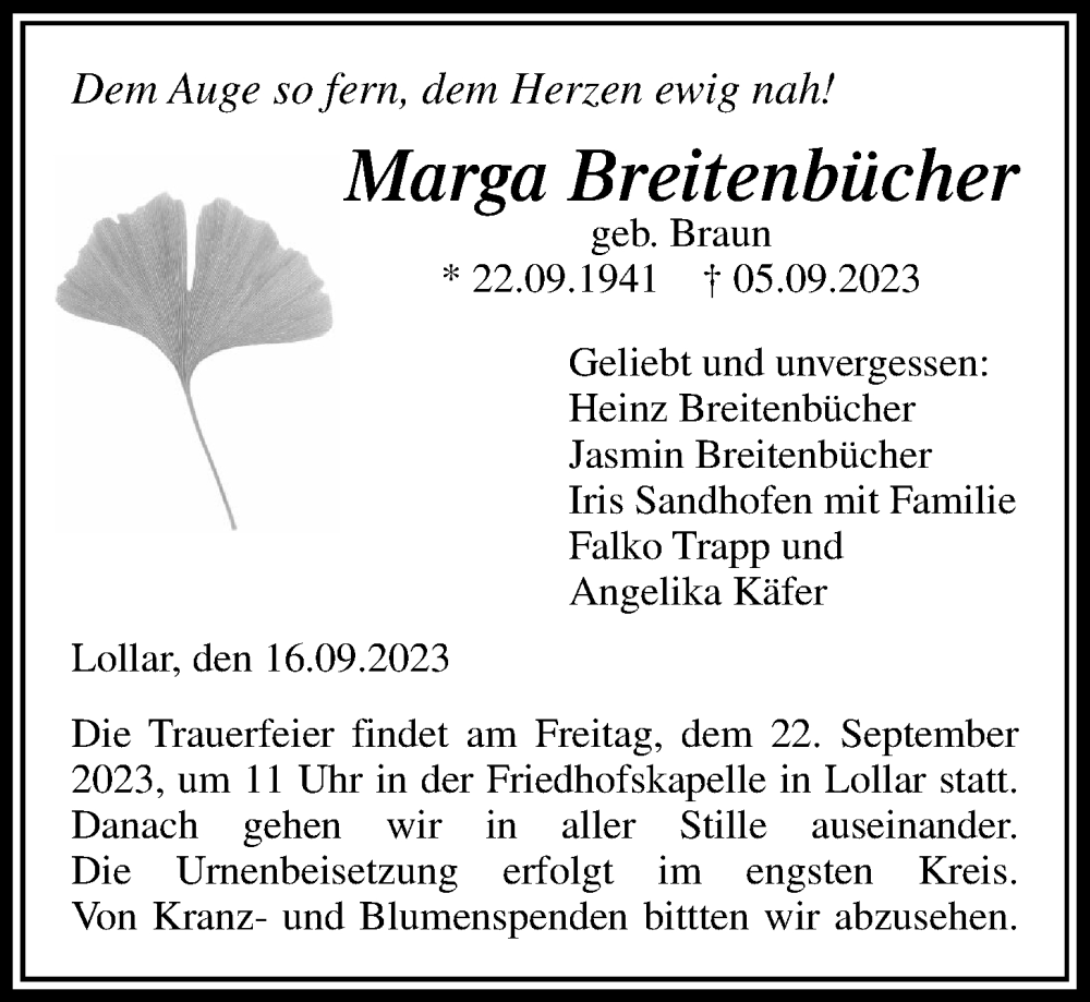  Traueranzeige für Marga Breitenbücher vom 16.09.2023 aus Giessener Allgemeine, Alsfelder Allgemeine, Giessener Anzeiger
