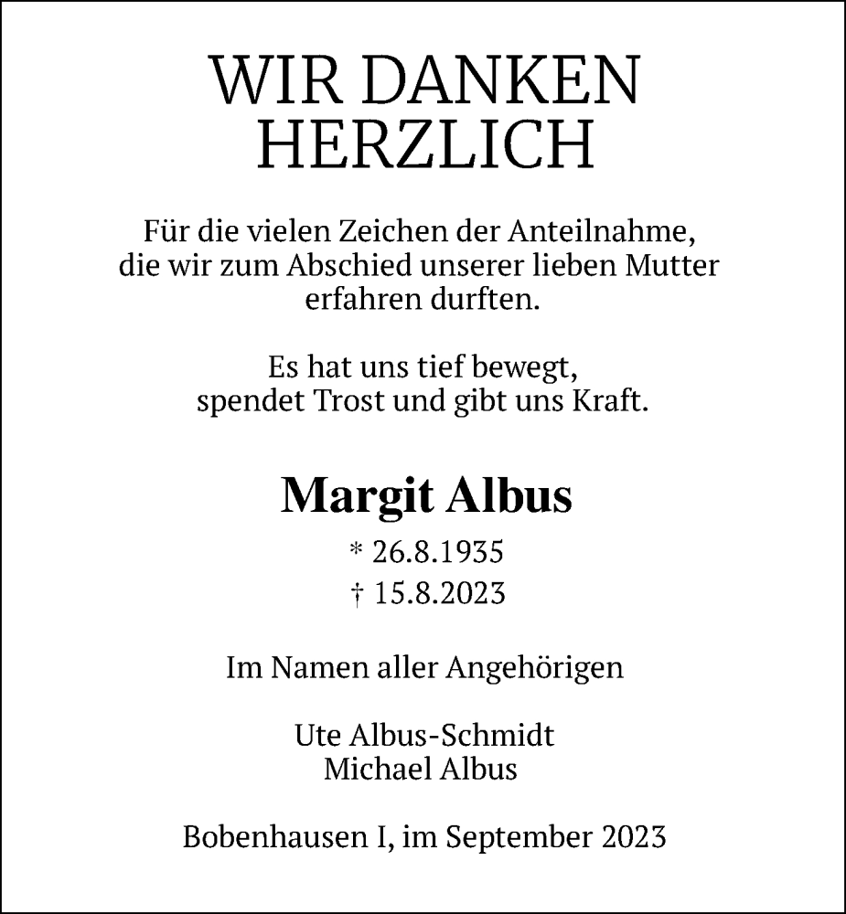  Traueranzeige für Margit Albus vom 16.09.2023 aus Kreis-Anzeiger