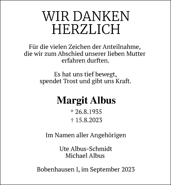 Traueranzeige von Margit Albus von Kreis-Anzeiger