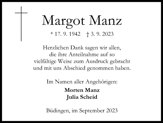 Traueranzeige von Margot Manz von Kreis-Anzeiger