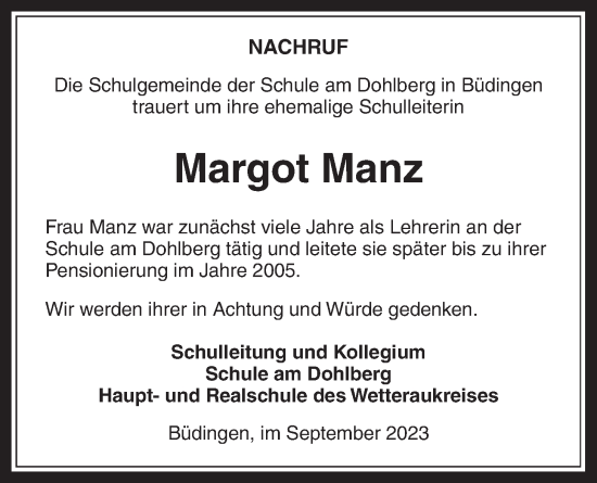 Traueranzeige von Margot Manz von Kreis-Anzeiger