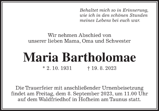 Traueranzeige von Maria Bartholomae 