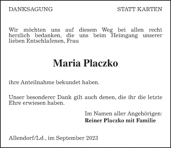 Traueranzeige von Maria Placzko von Allendorfer Mitteilungen