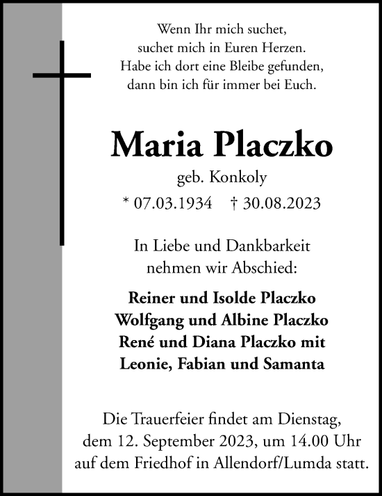 Traueranzeige von Maria Placzko von Giessener Anzeiger