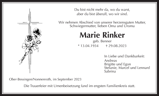 Traueranzeige von Marie Rinker von Licher Wochenblatt