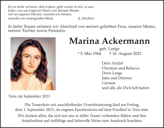 Traueranzeige von Marina Ackermann von Giessener Allgemeine, Alsfelder Allgemeine