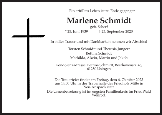 Traueranzeige von Marlene Schmidt von Usinger Anzeiger