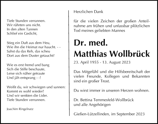 Traueranzeige von Matthias Wollbrück von Giessener Allgemeine, Alsfelder Allgemeine, Giessener Anzeiger, Wetterauer Zeitung, Kreis-Anzeiger