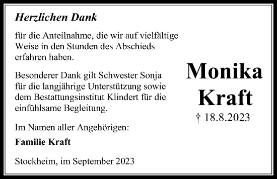Traueranzeige von Monika Kraft von Kreis-Anzeiger