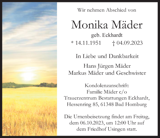 Traueranzeige von Monika Mäder von Usinger Anzeiger