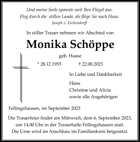 Traueranzeige von Monika Schöppe von Giessener Allgemeine, Alsfelder Allgemeine