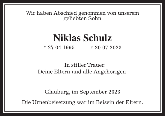 Traueranzeige von Niklas Schulz von Kreis-Anzeiger