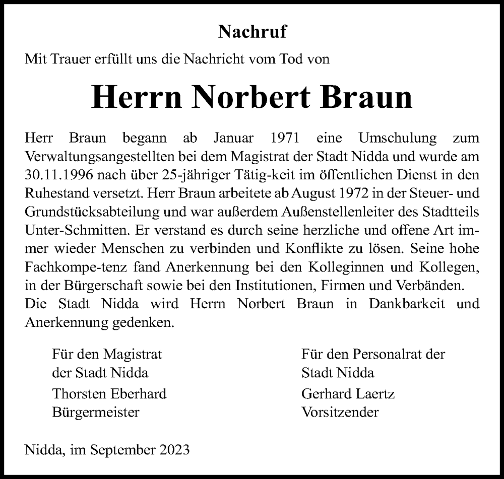  Traueranzeige für Norbert Braun vom 16.09.2023 aus Kreis-Anzeiger